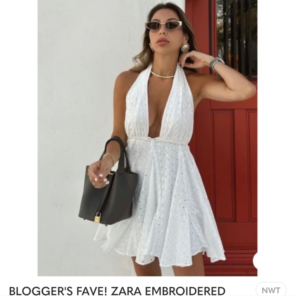 ZARA EMBROIDERED EYELET HALTER DRESS SIZE L XL WHITE - Picture 9 of 12